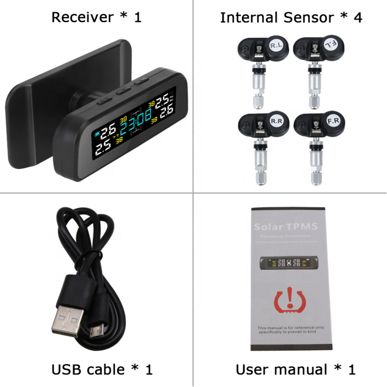 Solar Power Wireless Tire Pressure Monitor System Automobile Tire Pressure Monitoring With 4 Internal Sensors