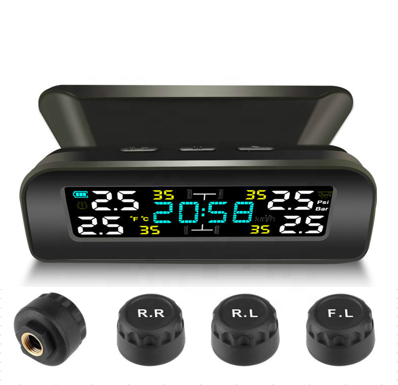 Universal TPMS Wireless Tire Pressure Monitoring Solar Power Clock LCD Display With 4 External Sensor