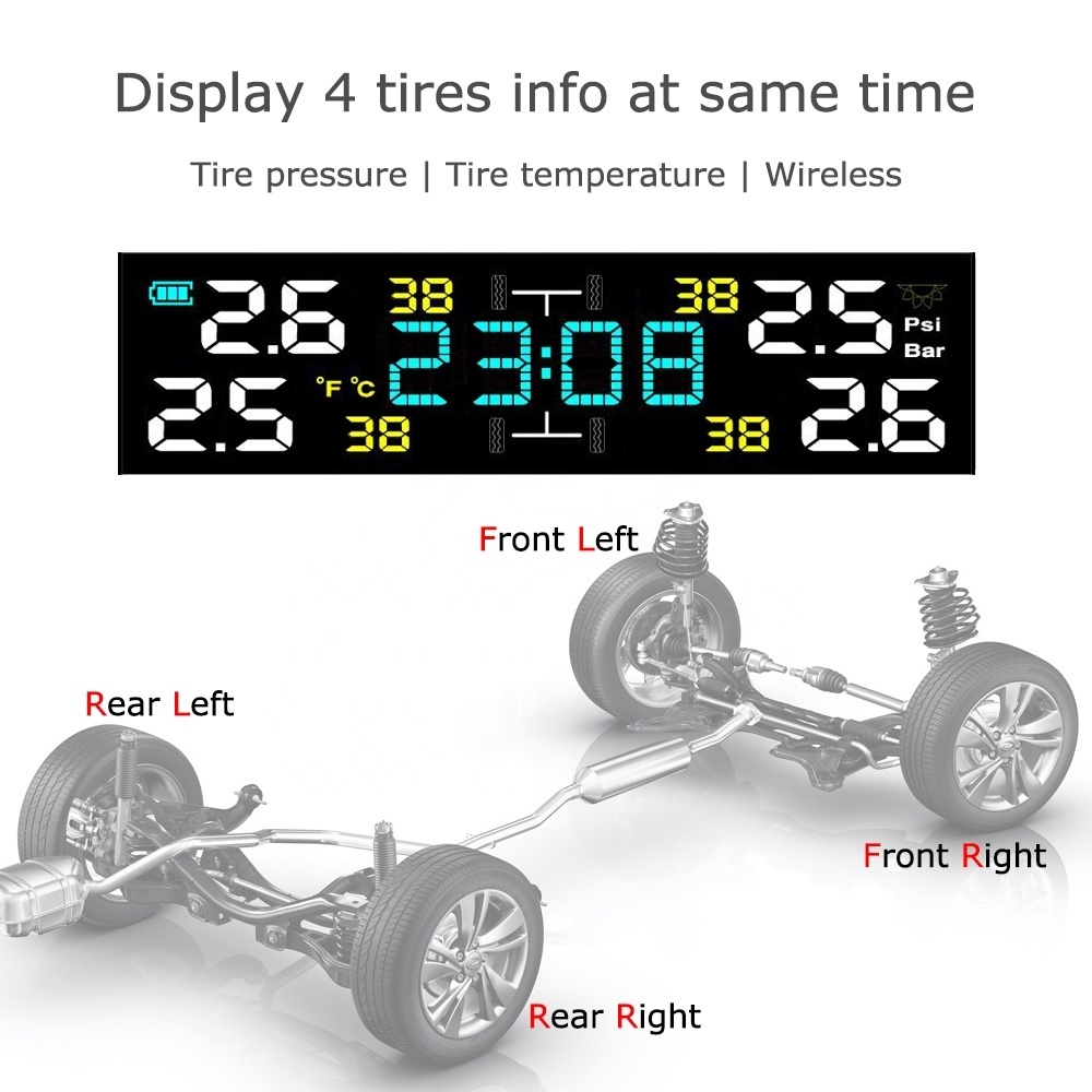 Universal TPMS Wireless Tire Pressure Monitoring Solar Power Clock LCD Display With 4 External Sensor