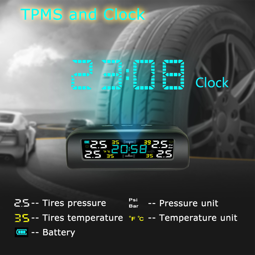 Universal TPMS Wireless Tire Pressure Monitoring Solar Power Clock LCD Display With 4 External Sensor