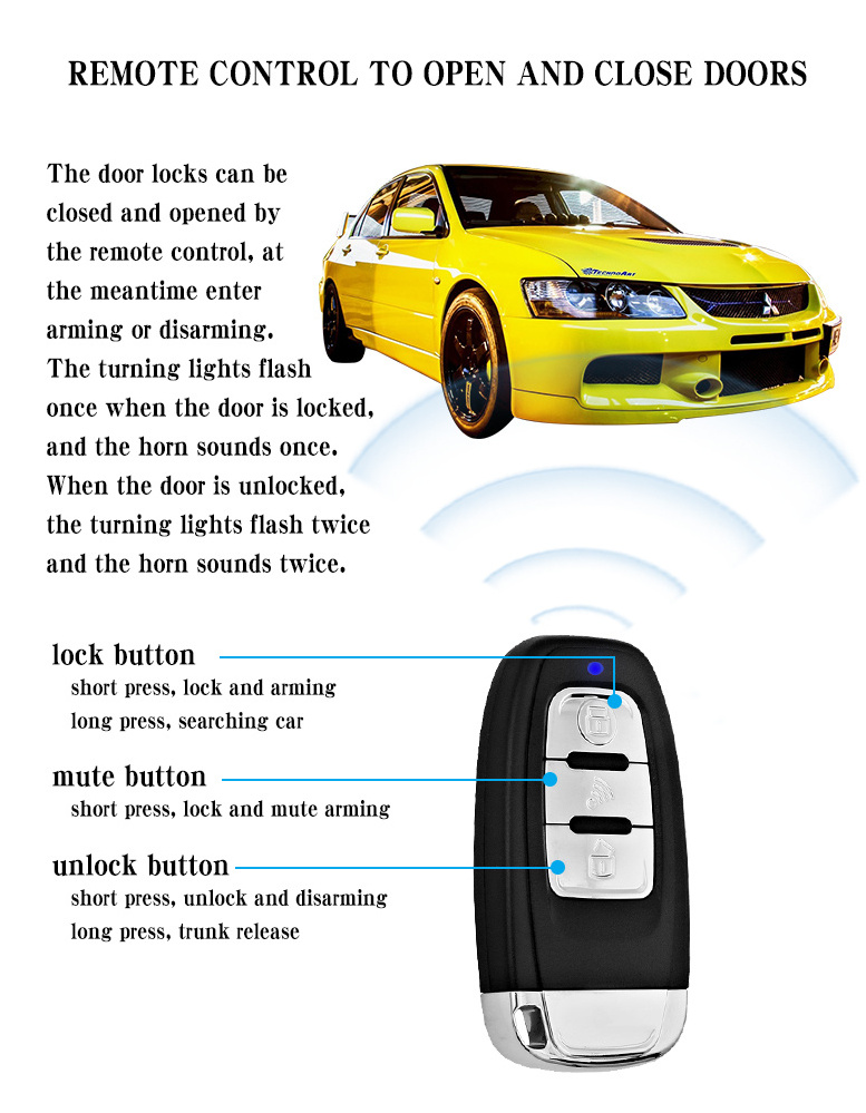 One way Remote Control Car alarm with shock sensor Remote trunk release Anti-hijacking customized box logo  car alarm system