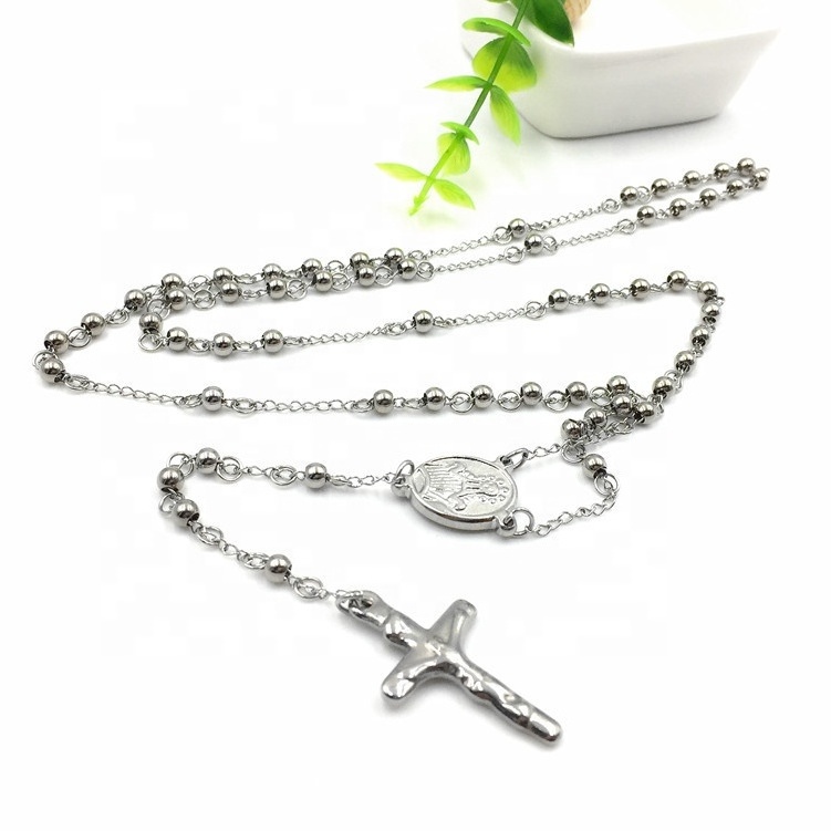 Religious Link Cable Chain Necklace for Women Men Stainless Steel Cross Virgin Mary Rosary Necklace Jewelry