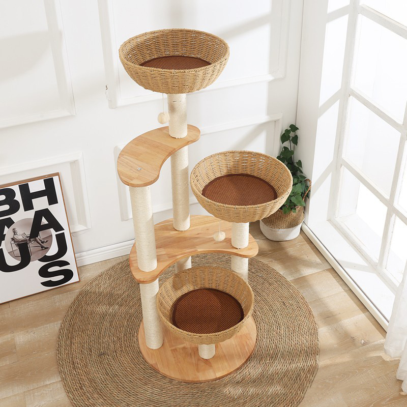 Luxury Multilayer Rattan Woven Solid Wood Cat Tree Tower with Cat Scratching Post and Cat Hammock Column Climbing Tree house