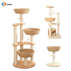 Luxury Multilayer Rattan Woven Solid Wood Cat Tree Tower with Cat Scratching Post and Cat Hammock Column Climbing Tree house