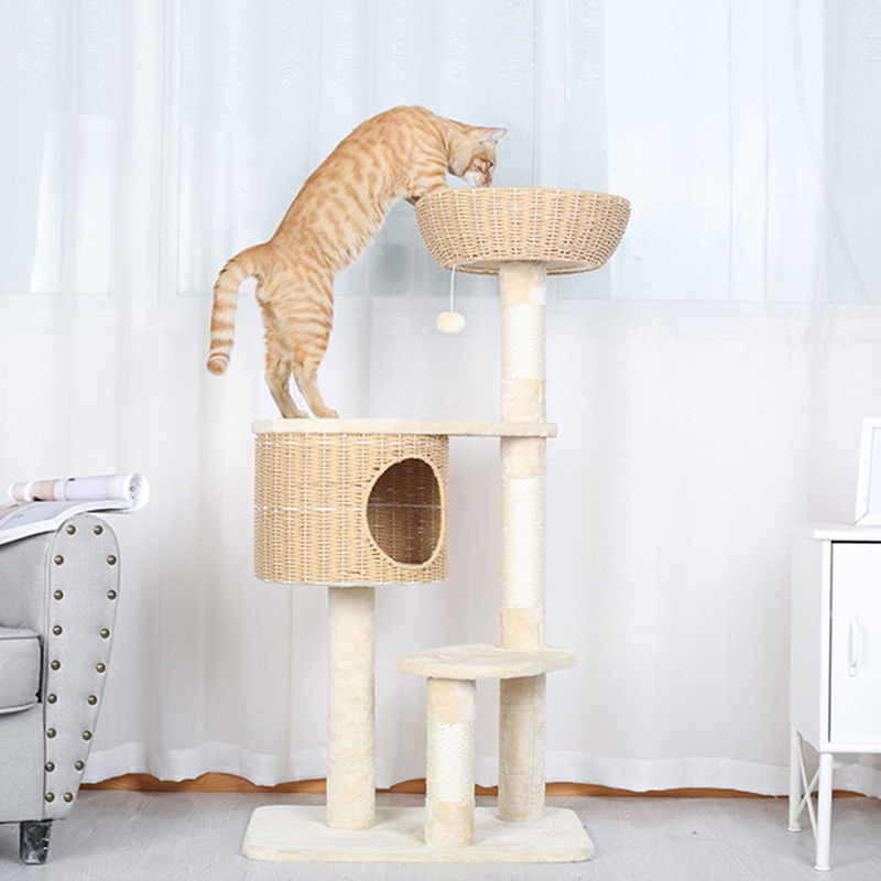 Luxury Multilayer Rattan Woven Solid Wood Cat Tree Tower with Cat Scratching Post and Cat Hammock Column Climbing Tree house