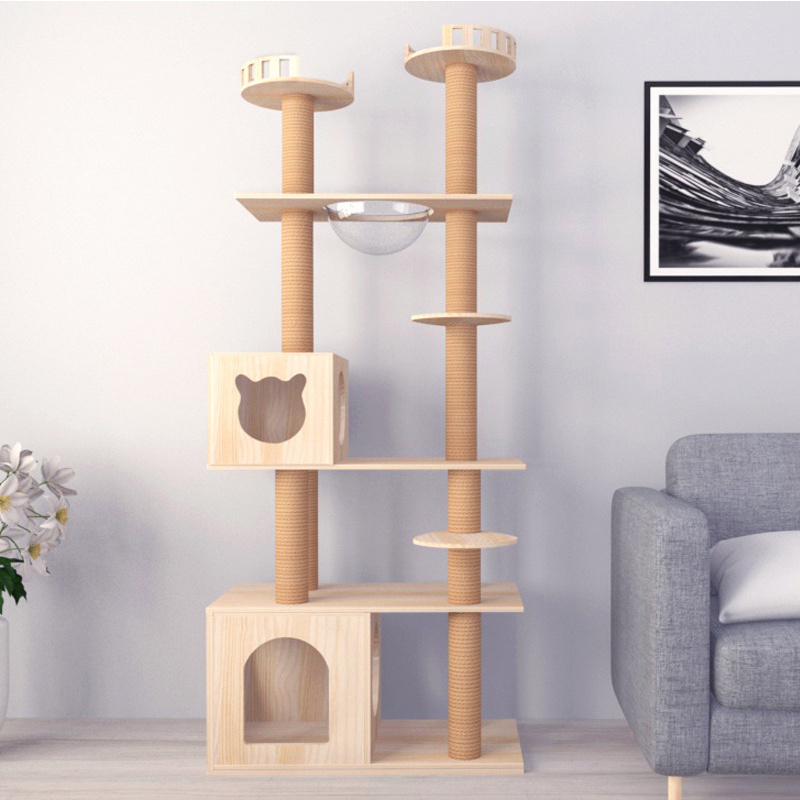 Large Wooden Scratcher Climbing Tower  Pet Scratching House Climbing Cats Tree with Cats Hammock