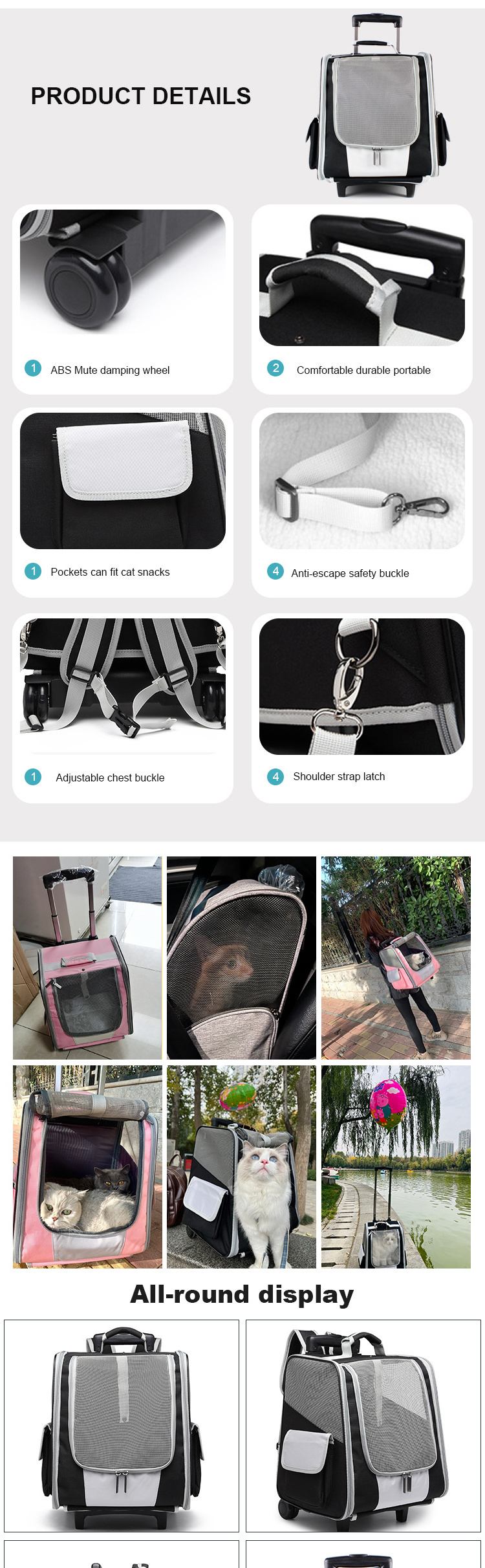 Multi Functional Double Shoulder Dog Travel Bag Cat Dog Trolley Pet Carrier Bag With Wheels Portable Outgoing Pet Bag