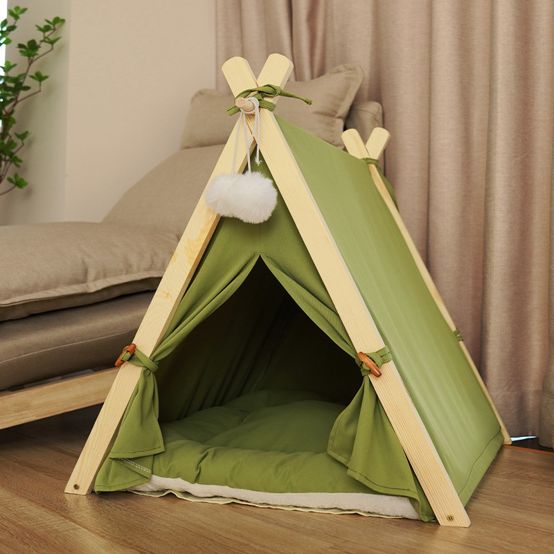 Wholesale Foldable Cotton Wood Linen Cave Bed Dog Cat Tipi House Pet Air Cot With Removable Canopy Shade Tent