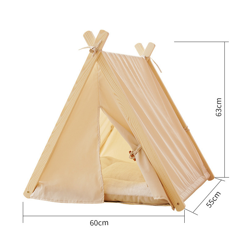 Wholesale Foldable Cotton Wood Linen Cave Bed Dog Cat Tipi House Pet Air Cot With Removable Canopy Shade Tent