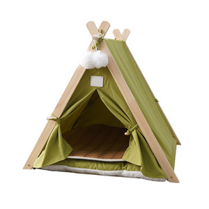 Wholesale Foldable Cotton Wood Linen Cave Bed Dog Cat Tipi House Pet Air Cot With Removable Canopy Shade Tent