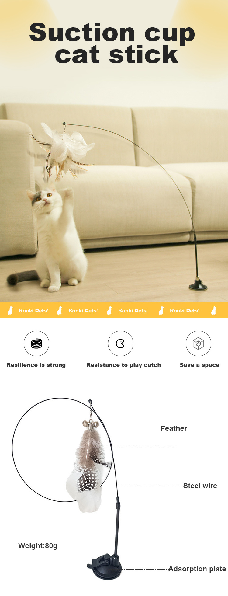 Eco-friendly long rod funny interactive feather cat stick with sucker cat teaser wand pet play toys products