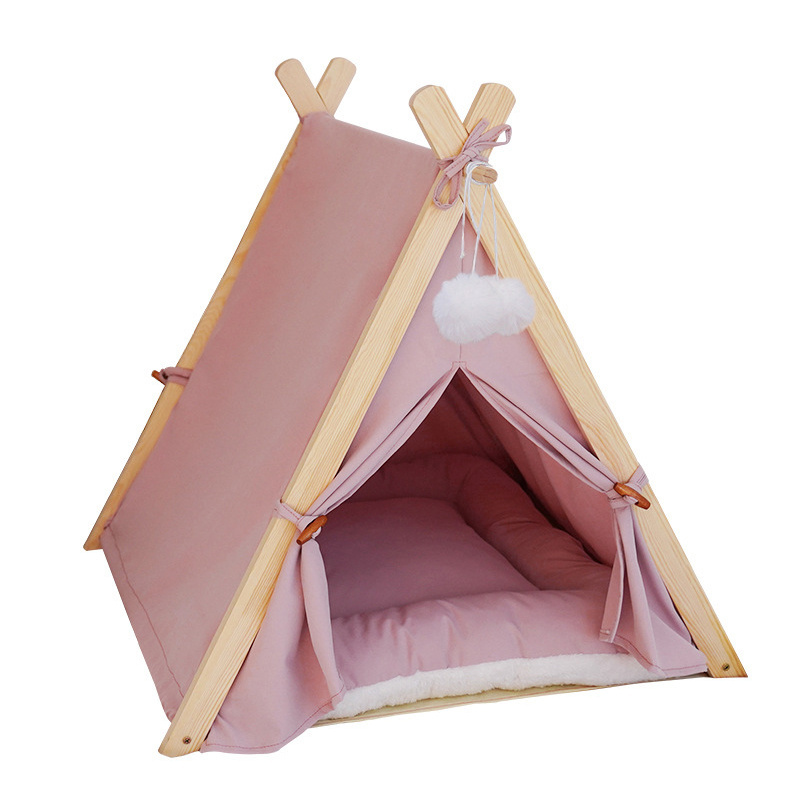 Wholesale Foldable Cotton Wood Linen Cave Bed Dog Cat Tipi House Pet Air Cot With Removable Canopy Shade Tent