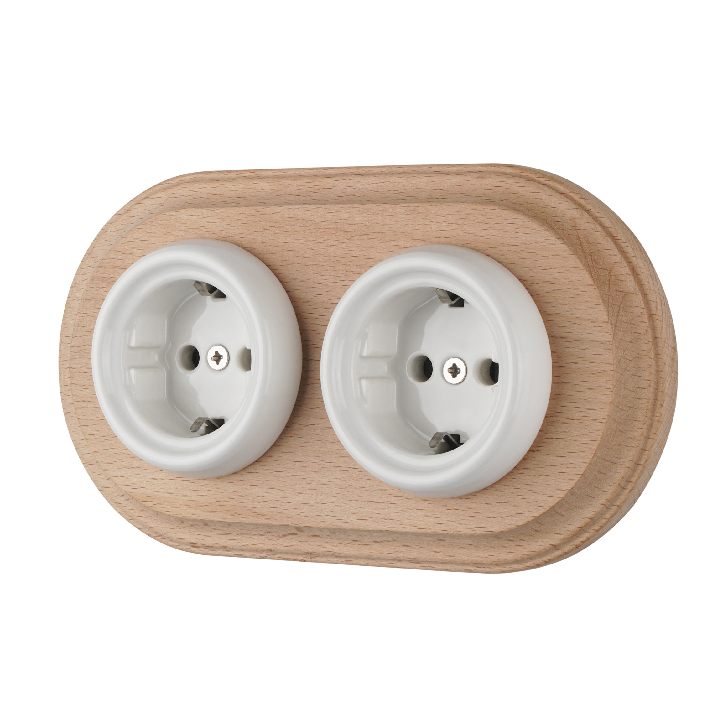 Retro Style German Standard Ceramic Flush Mounted Double Black Wall Socket With Wooden Frame