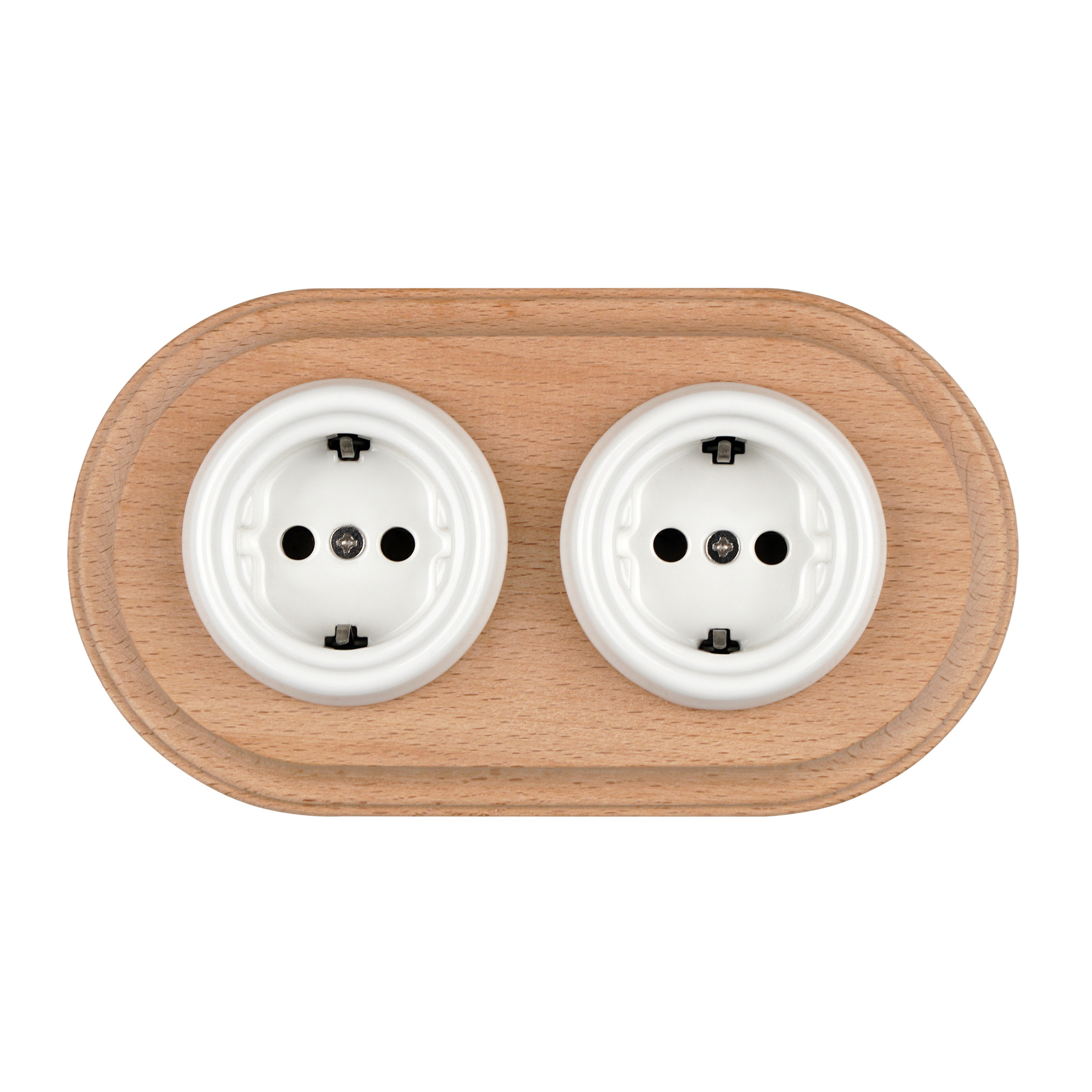 Retro Style German Standard Ceramic Flush Mounted Double Black Wall Socket With Wooden Frame