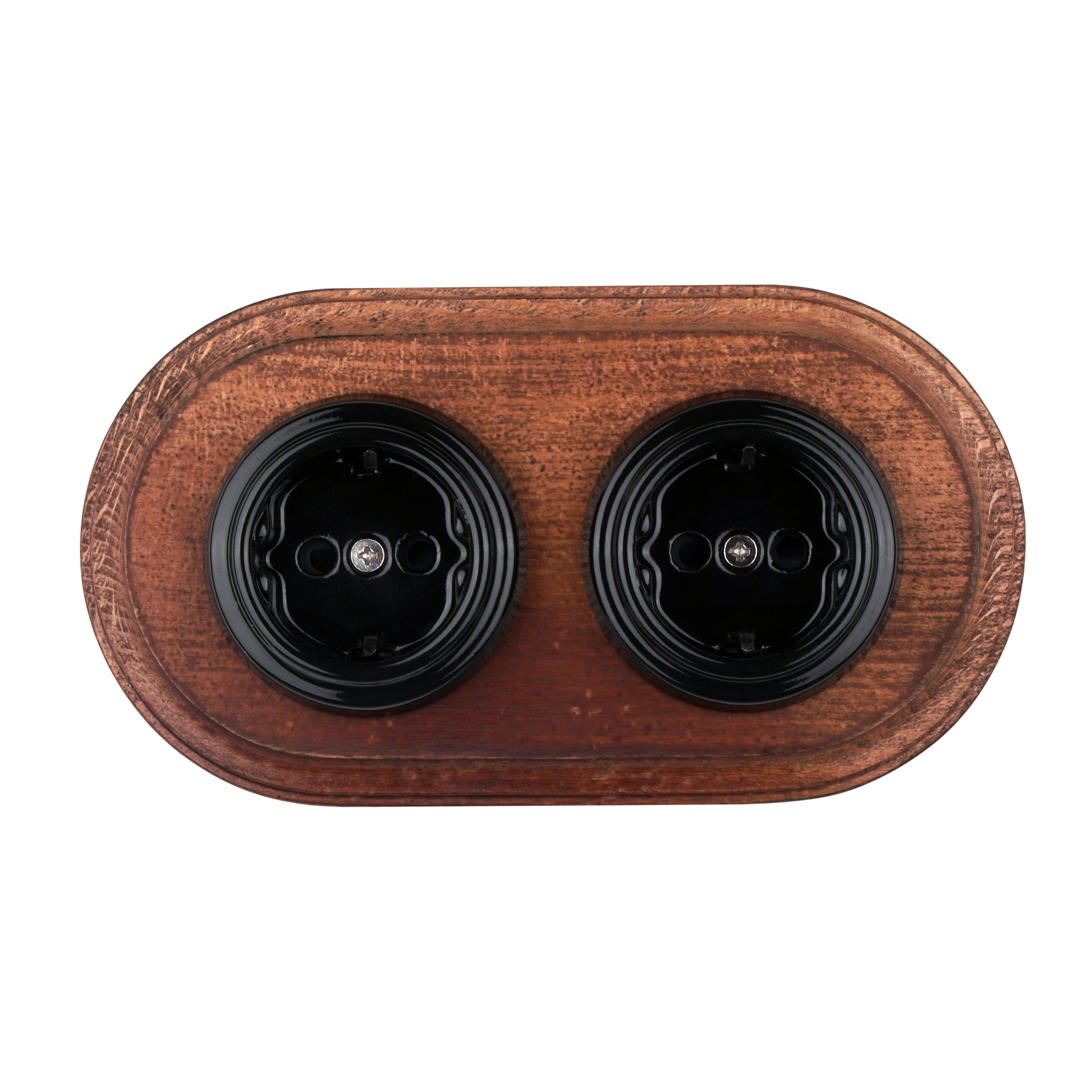 Retro Style German Standard Ceramic Flush Mounted Double Black Wall Socket With Wooden Frame