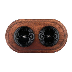 Retro Style German Standard Ceramic Flush Mounted Double Black Wall Socket With Wooden Frame