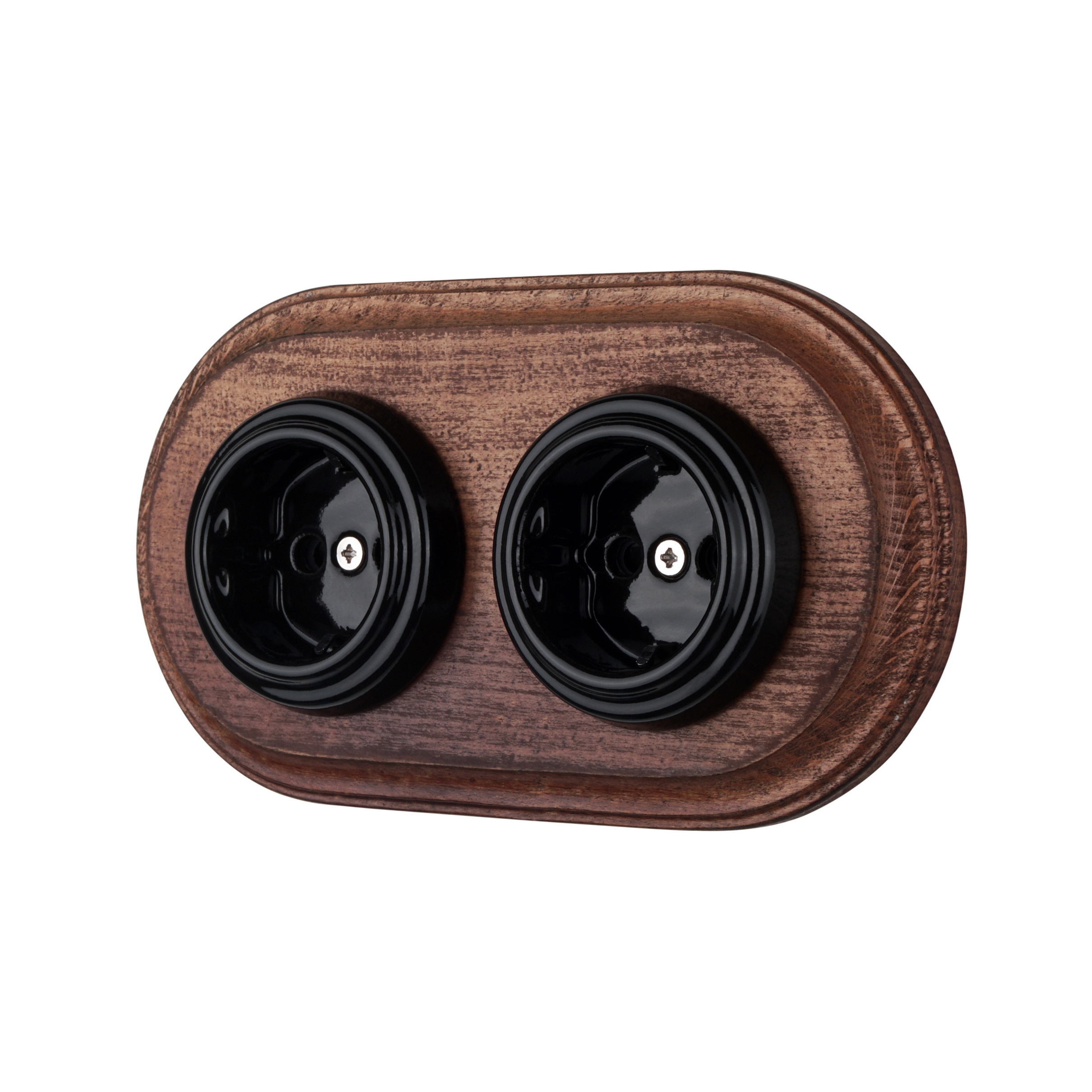 Retro Style German Standard Ceramic Flush Mounted Double Black Wall Socket With Wooden Frame