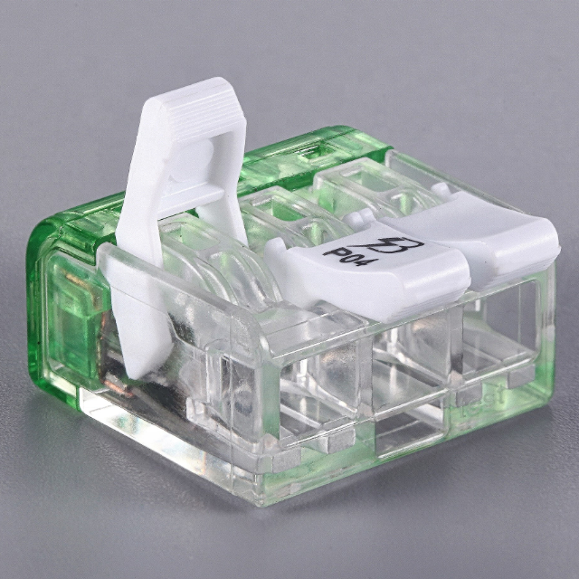 2 port transparent housing compact splicing push in lever-nut connector with lever for installation and lights