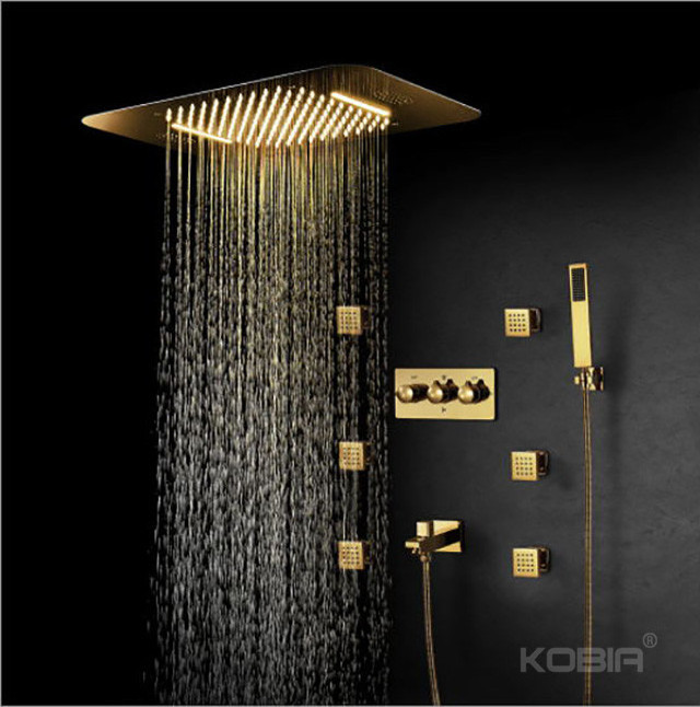 Rain Shower Brush Gold Shower Combo Set Led Head Ceiling Mount Rain Fall Bath Shower Faucet