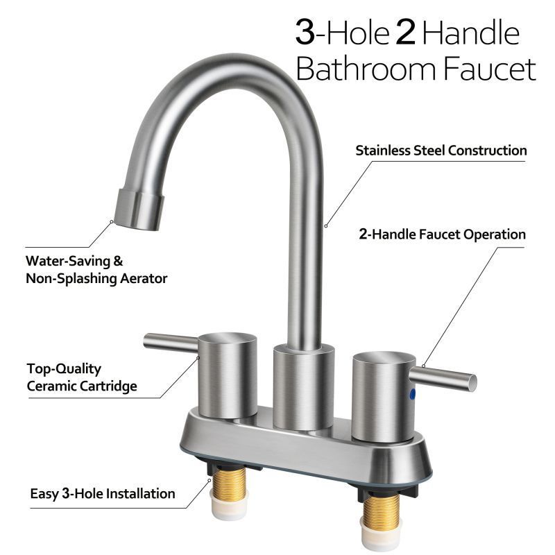 In stock Bathroom Faucet Brushed Nickel 2-Handle 360 Degree High Arc Swivel Spout Centerset 4 Inch Vanity Sink Faucet