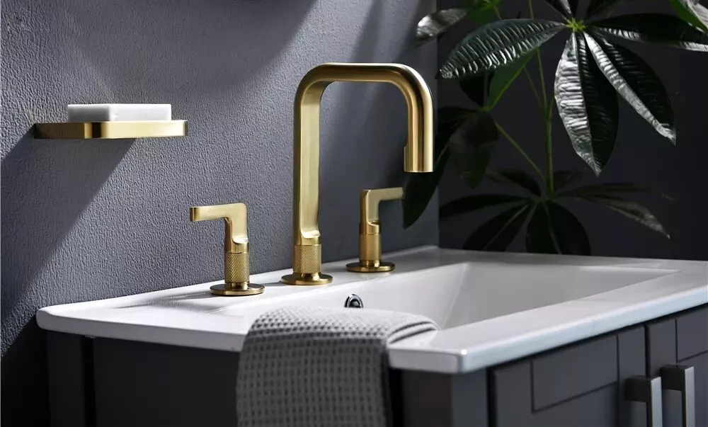 8 Inch Brass Bathroom Sink Faucet 3 Hole Widespread Faucet Brushed Gold 2 Handle Wash Basin Faucet