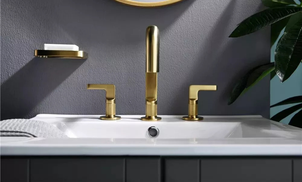 8 Inch Brass Bathroom Sink Faucet 3 Hole Widespread Faucet Brushed Gold 2 Handle Wash Basin Faucet