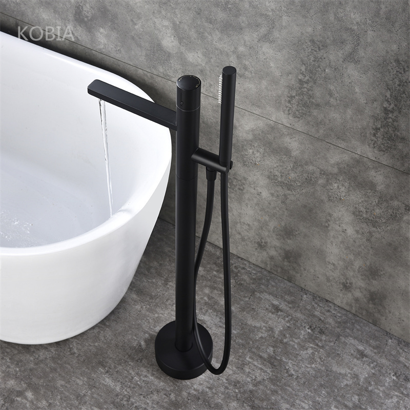 Modern design matt black floor standing hot and cold bathtub faucet freestanding tub faucet