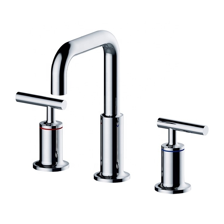 Widespread Lavatory Faucet with Low Gooseneck Spout and Low Lever Handles Moderne Brushed Gold 3 hole 2 Way bathroom faucet