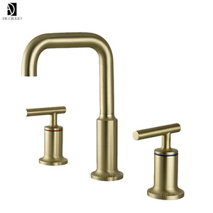 Widespread Lavatory Faucet with Low Gooseneck Spout and Low Lever Handles Moderne Brushed Gold 3 hole 2 Way bathroom faucet