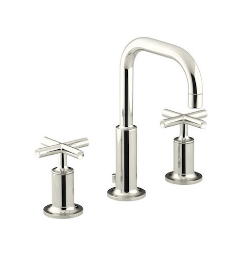 Widespread Lavatory Faucet with Low Gooseneck Spout and Low Lever Handles Moderne Brushed Gold 3 hole 2 Way bathroom faucet