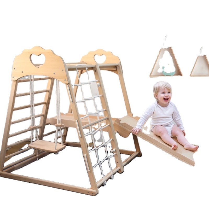 New Sale Indoor Playground 5 to 7 years Baby Training Wooden Toy Swing Sets With Climbing Net