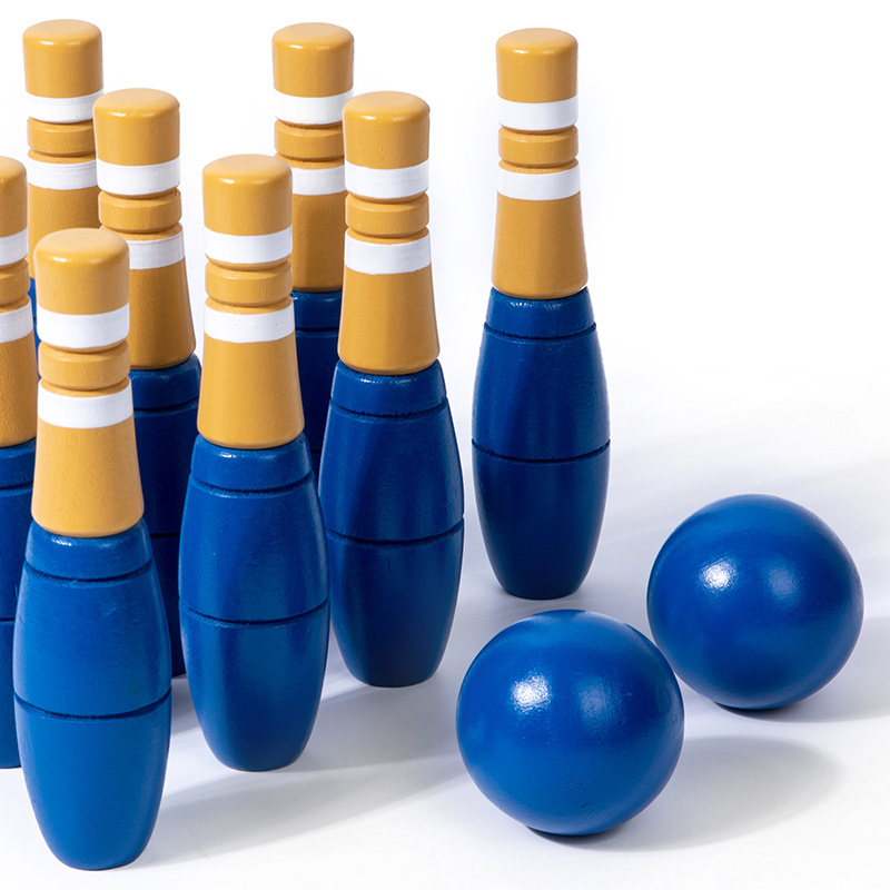 New Design Indoor And Outdoor Family Game Kids Wooden Bowling Balls Toy Set Early Educational Blue Bowling Toy For Kids Adult