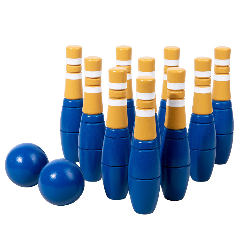 New Design Indoor And Outdoor Family Game Kids Wooden Bowling Balls Toy Set Early Educational Blue Bowling Toy For Kids Adult