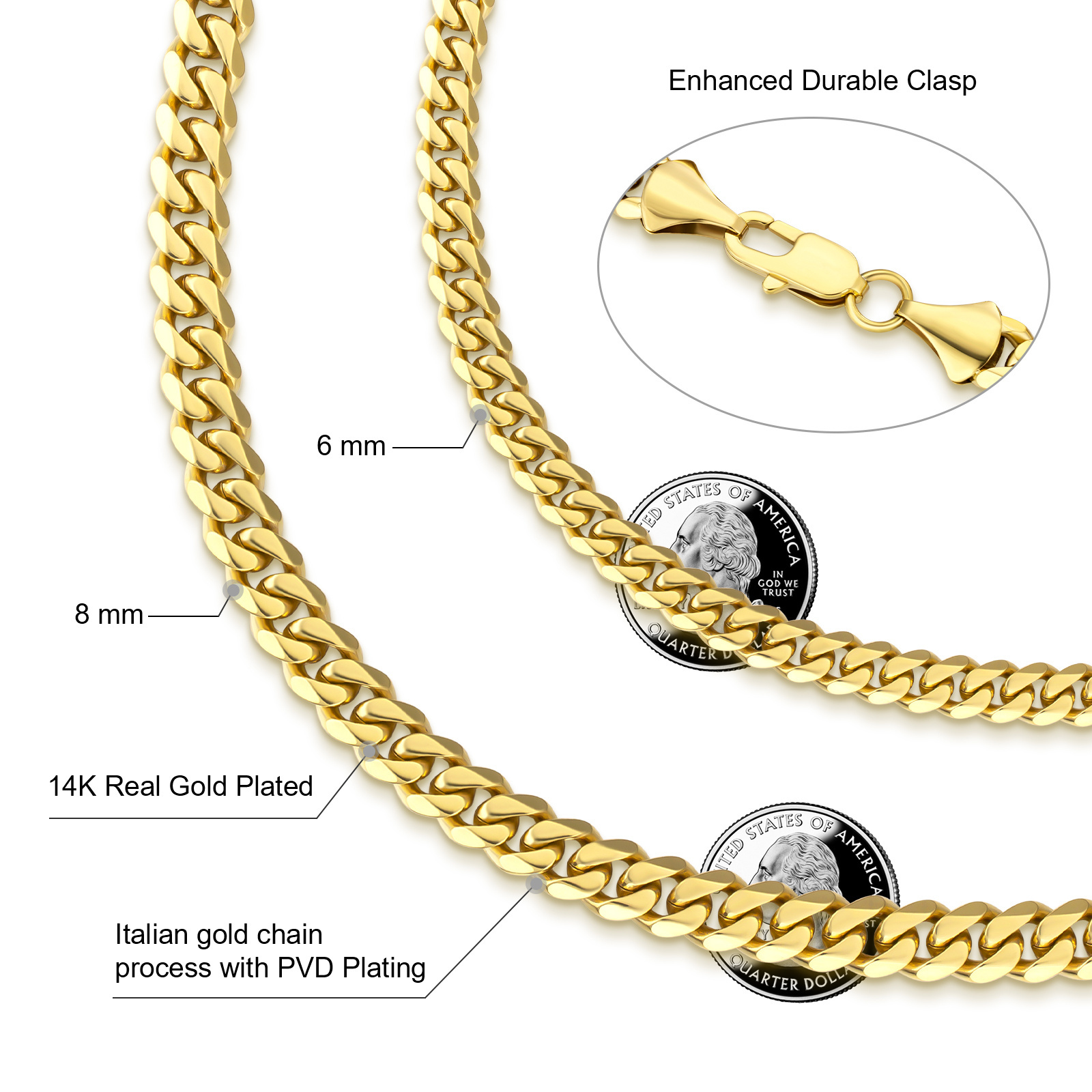 KRKC Wholesale 6mm 8mm 14k Gold Plated Stainless Steel Miami Cuban Link Chain Necklace with Lobster Clasp Mens Chains