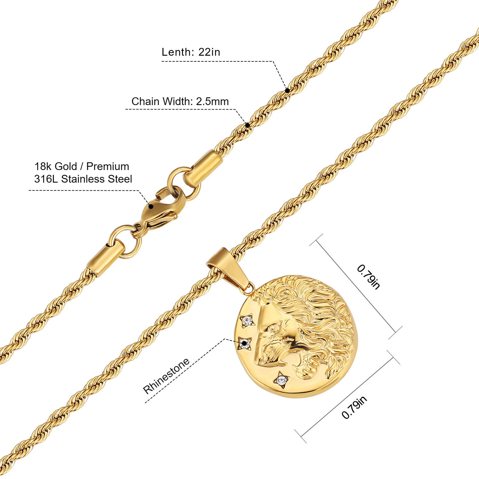 Custom Jewelry 18K Gold Pendant Stainless Steel Compass Pendant Lion Premium Necklace Layered Medallion Coin Pendant for Men