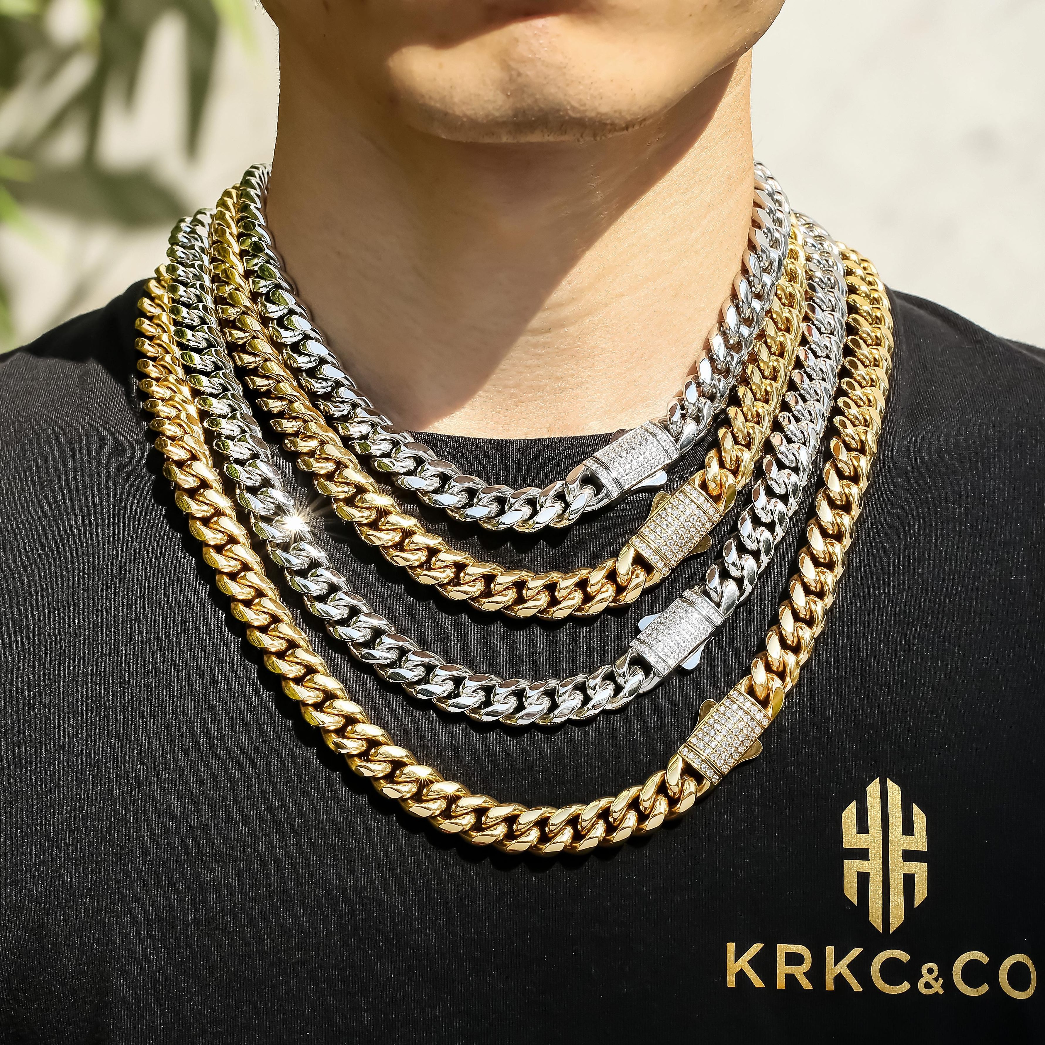 Double-sided Iced Out Clasp Necklace 18K REAL Gold Stainless Steel 12mm Miami Cuban Link Chain CZ Hip Hop Jewelry for Men Women