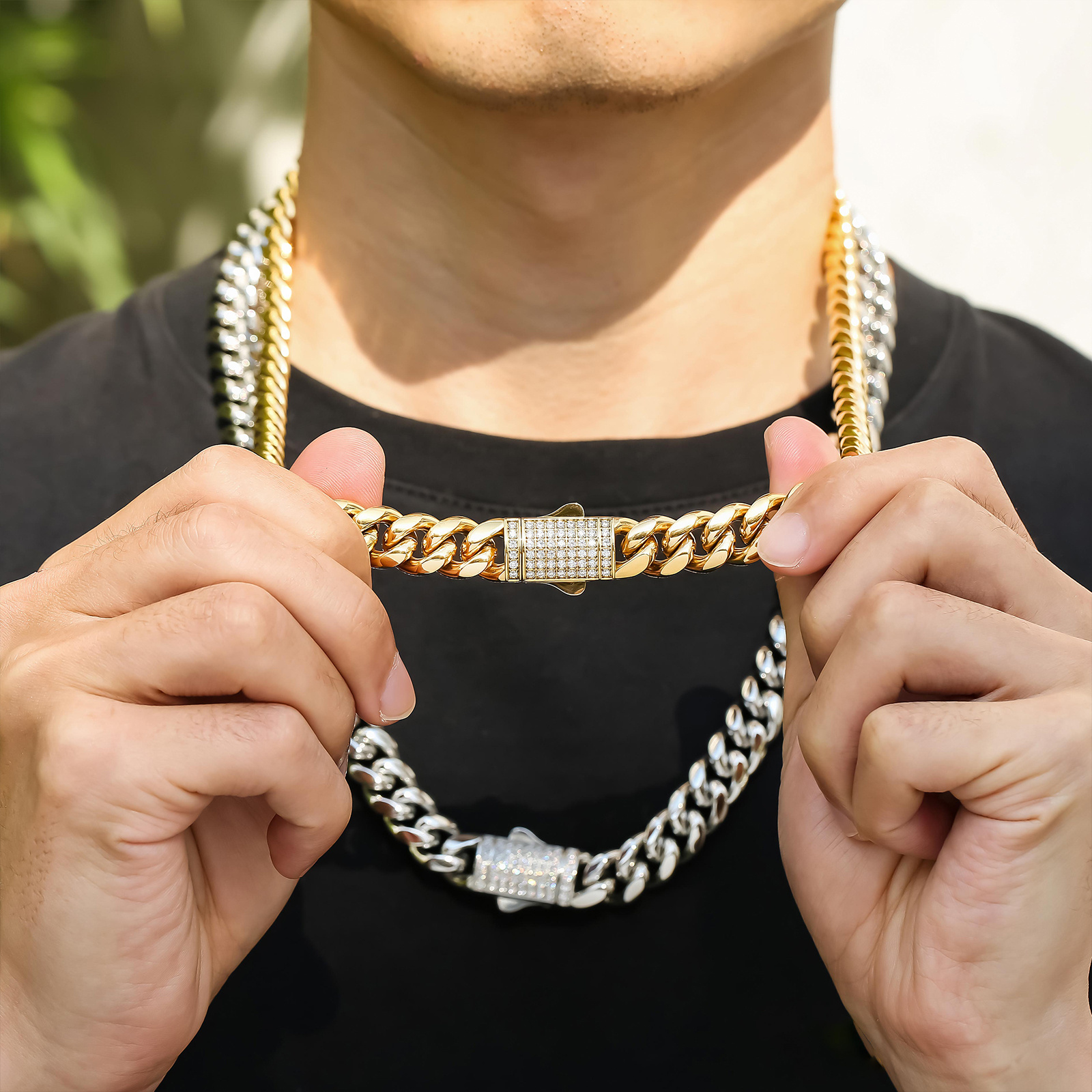 Double-sided Iced Out Clasp Necklace 18K REAL Gold Stainless Steel 12mm Miami Cuban Link Chain CZ Hip Hop Jewelry for Men Women