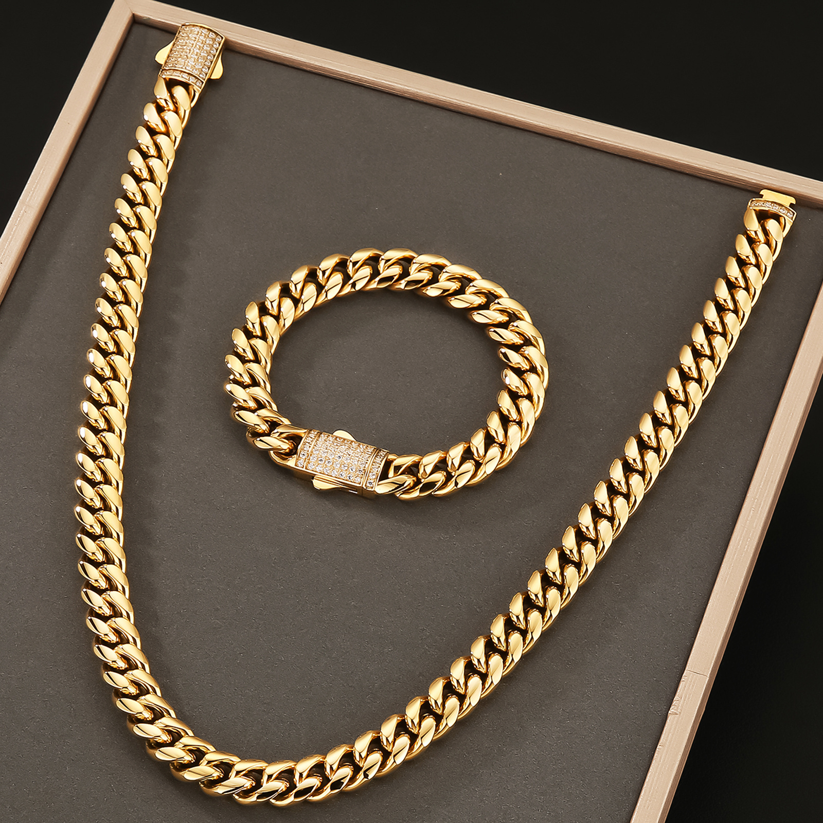 Double-sided Iced Out Clasp Necklace 18K REAL Gold Stainless Steel 12mm Miami Cuban Link Chain CZ Hip Hop Jewelry for Men Women