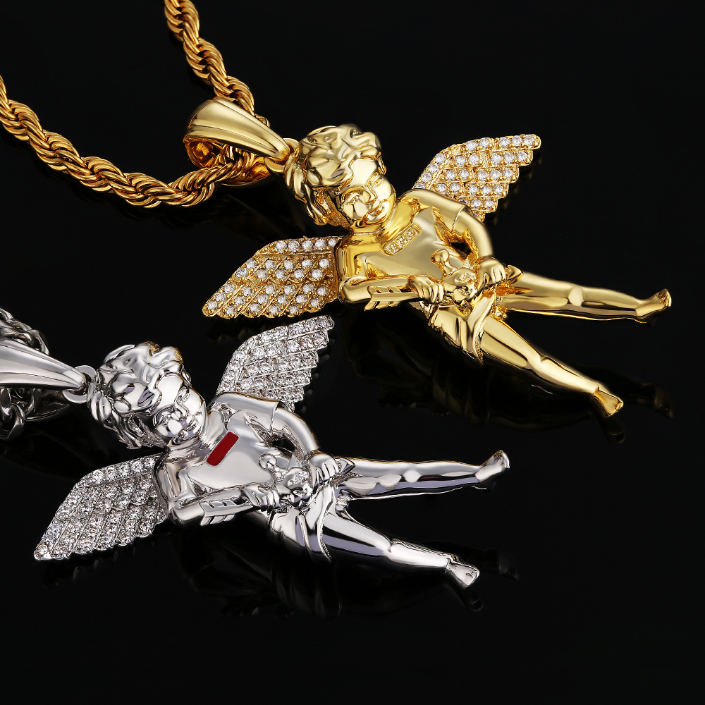 KRKC Iced Out Mini Angel Baby Necklace Angel Pendant Non Tarnish Charm Kid Crystal 18k Solid Gold Plated Guardian Angel Necklace