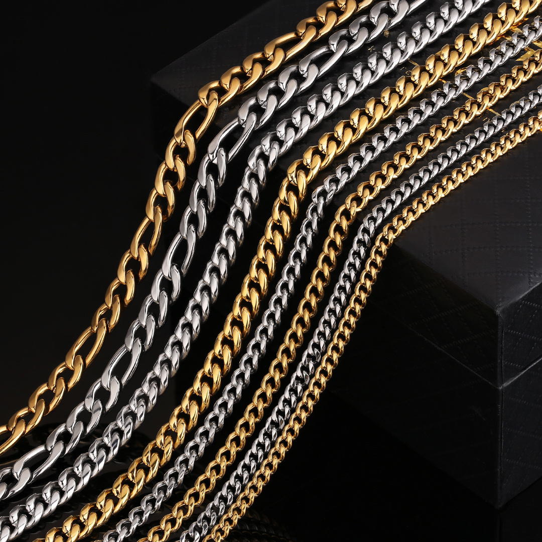 KRKC Wholesale 1.2mm-7mm Stainless Steel Necklace Mens 14k 18K Gold Plated Filled Cable Franco Chain Figaro Chain Rope Chain