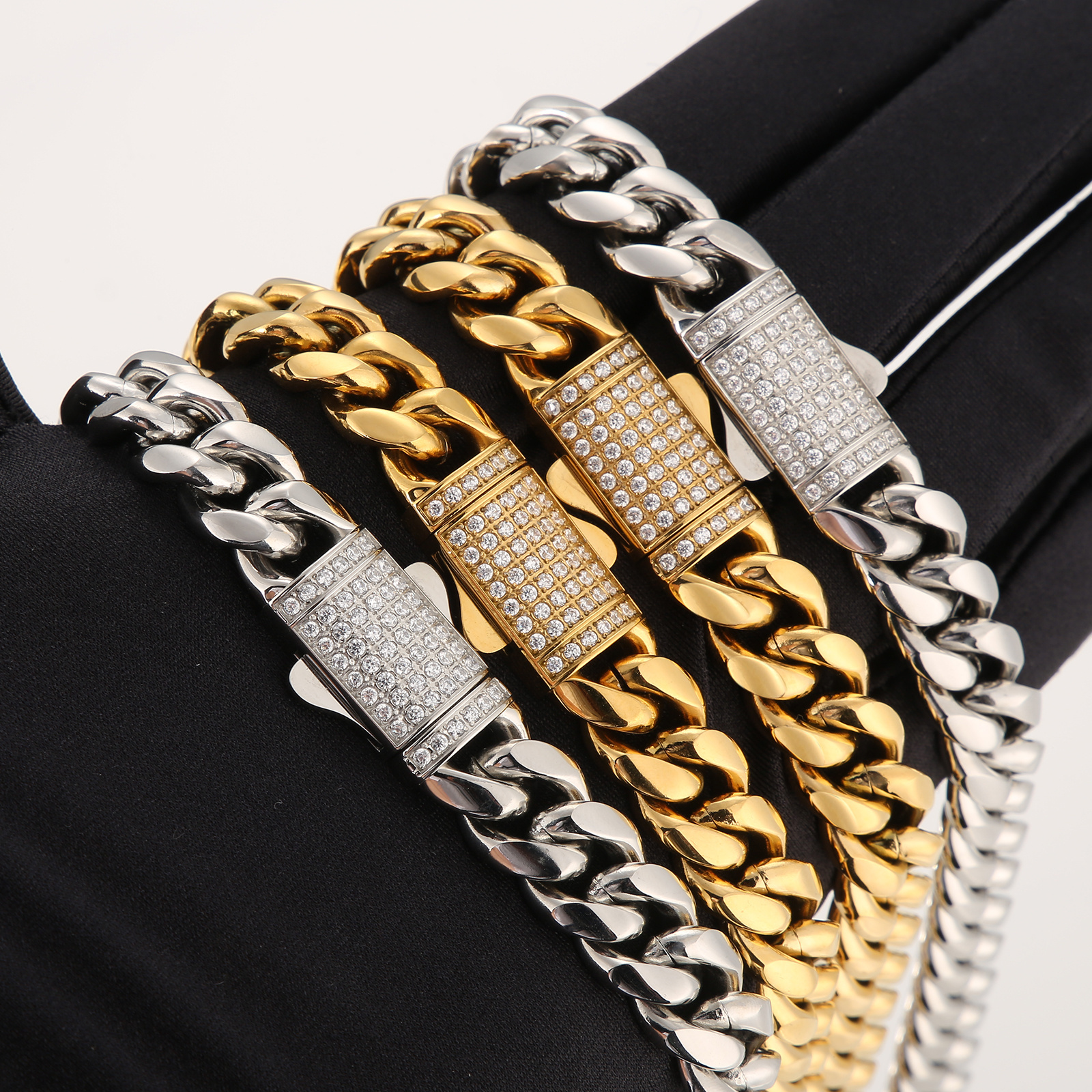 Double-sided Iced Out Clasp Necklace 18K REAL Gold Stainless Steel CZ Hip Hop Jewelry Women 12mm Miami Cuban Bracelet Men Chain