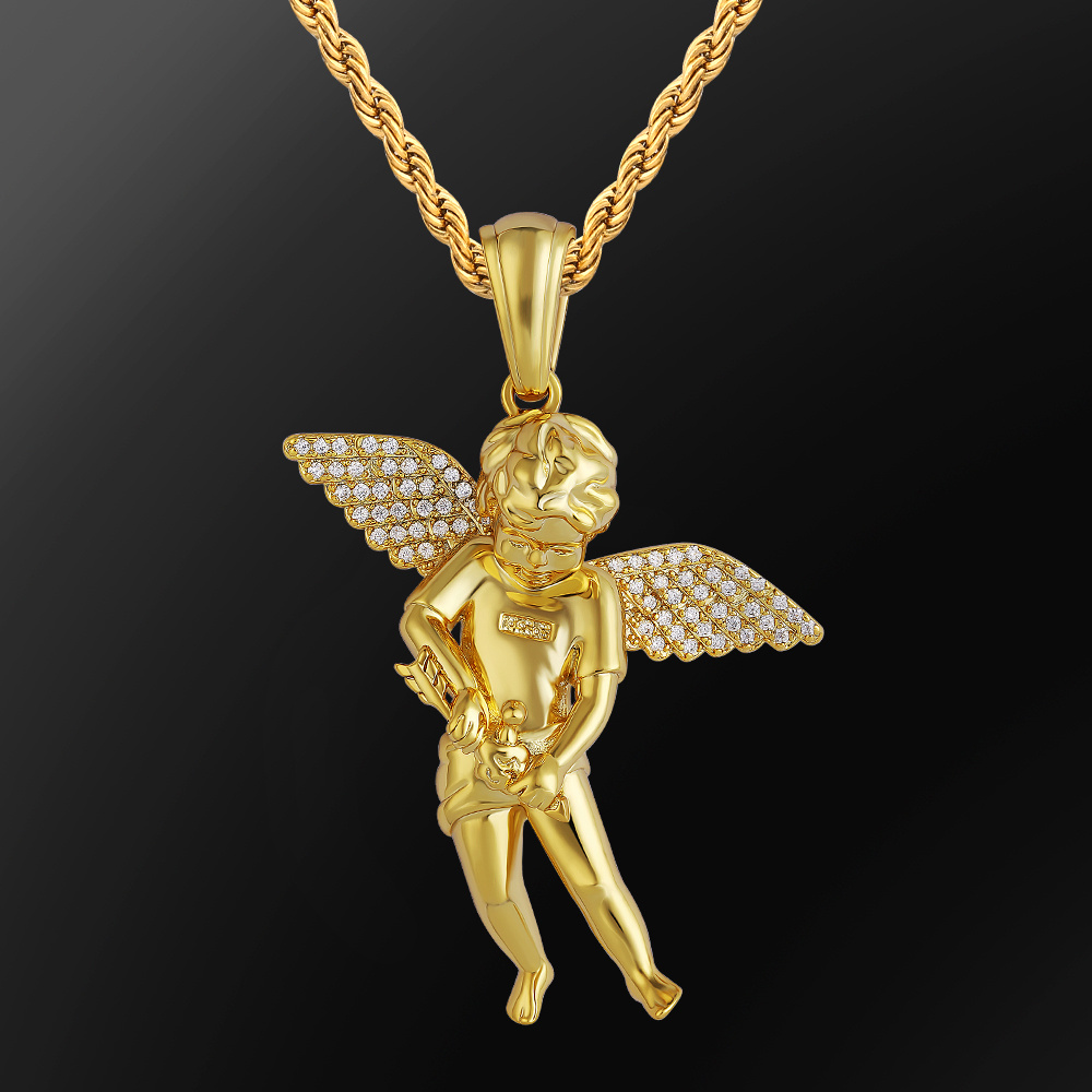 KRKC Iced Out Mini Angel Baby Necklace Angel Pendant Non Tarnish Charm Kid Crystal 18k Solid Gold Plated Guardian Angel Necklace