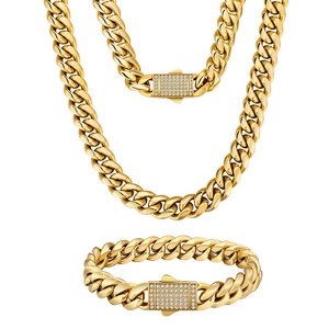 Double-sided Iced Out Clasp Necklace 18K REAL Gold Stainless Steel CZ Hip Hop Jewelry Women 12mm Miami Cuban Bracelet Men Chain