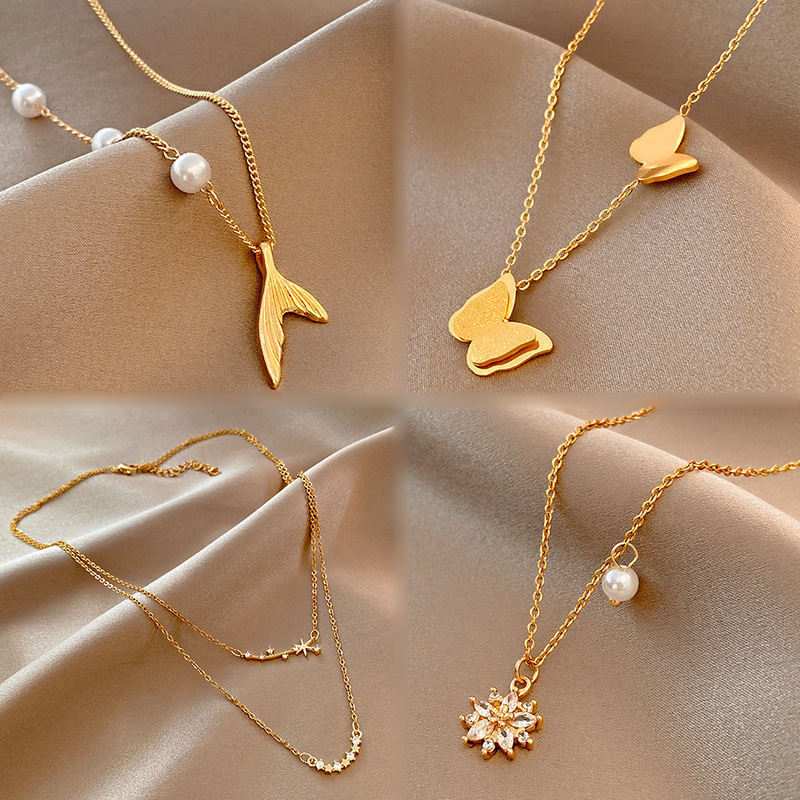 Wholesale Women Girls Jewelry Choker Necklace Stainless Steel 18k Gold Plated ZIRCON Love Heart Butterfly Pearl Pendant Chain