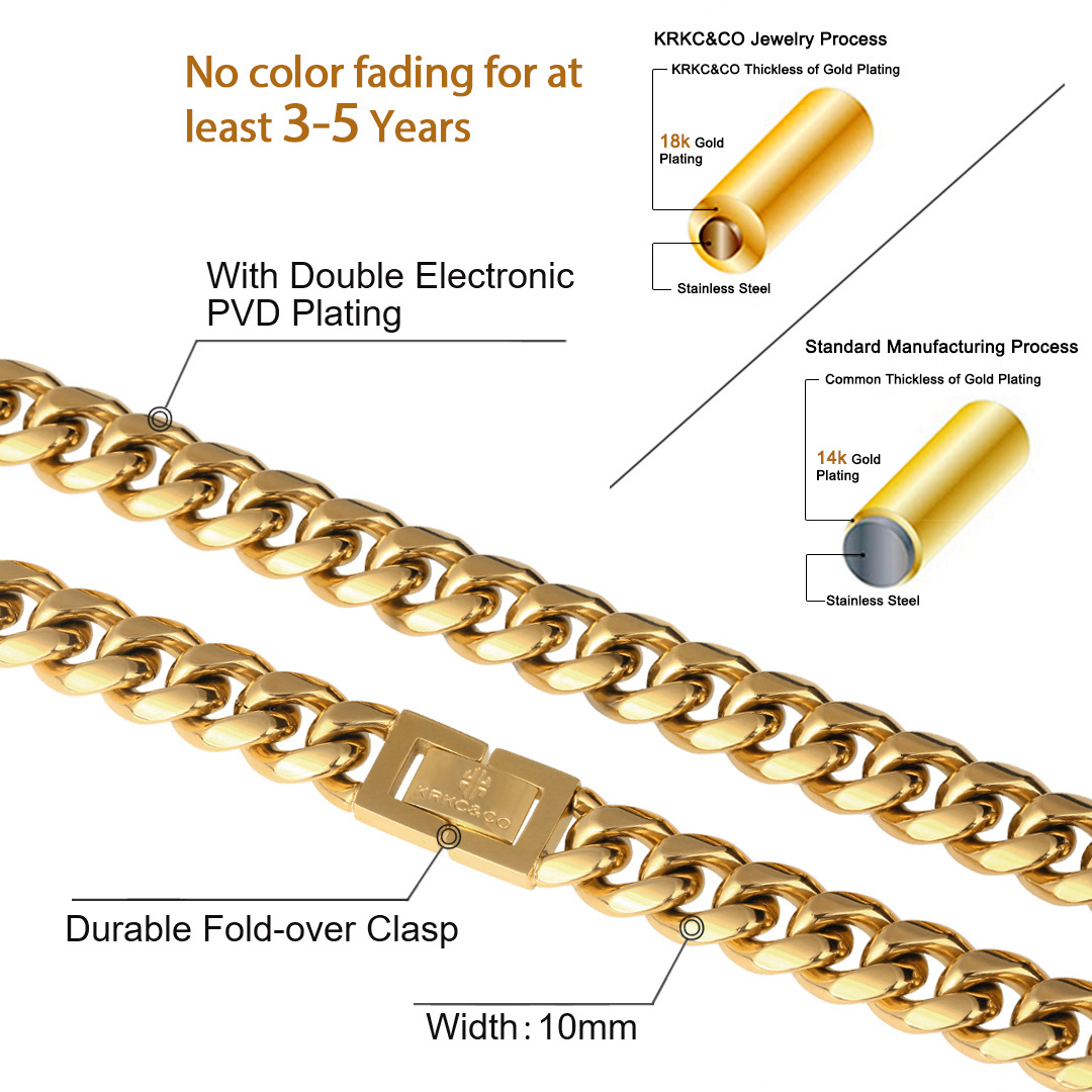 KRKC Wholesale 10mm 20 inch 18K Gold Plated Gold Men Stainless Steel Jewelry Necklace Curb Gold Stainless Steel Chain Link