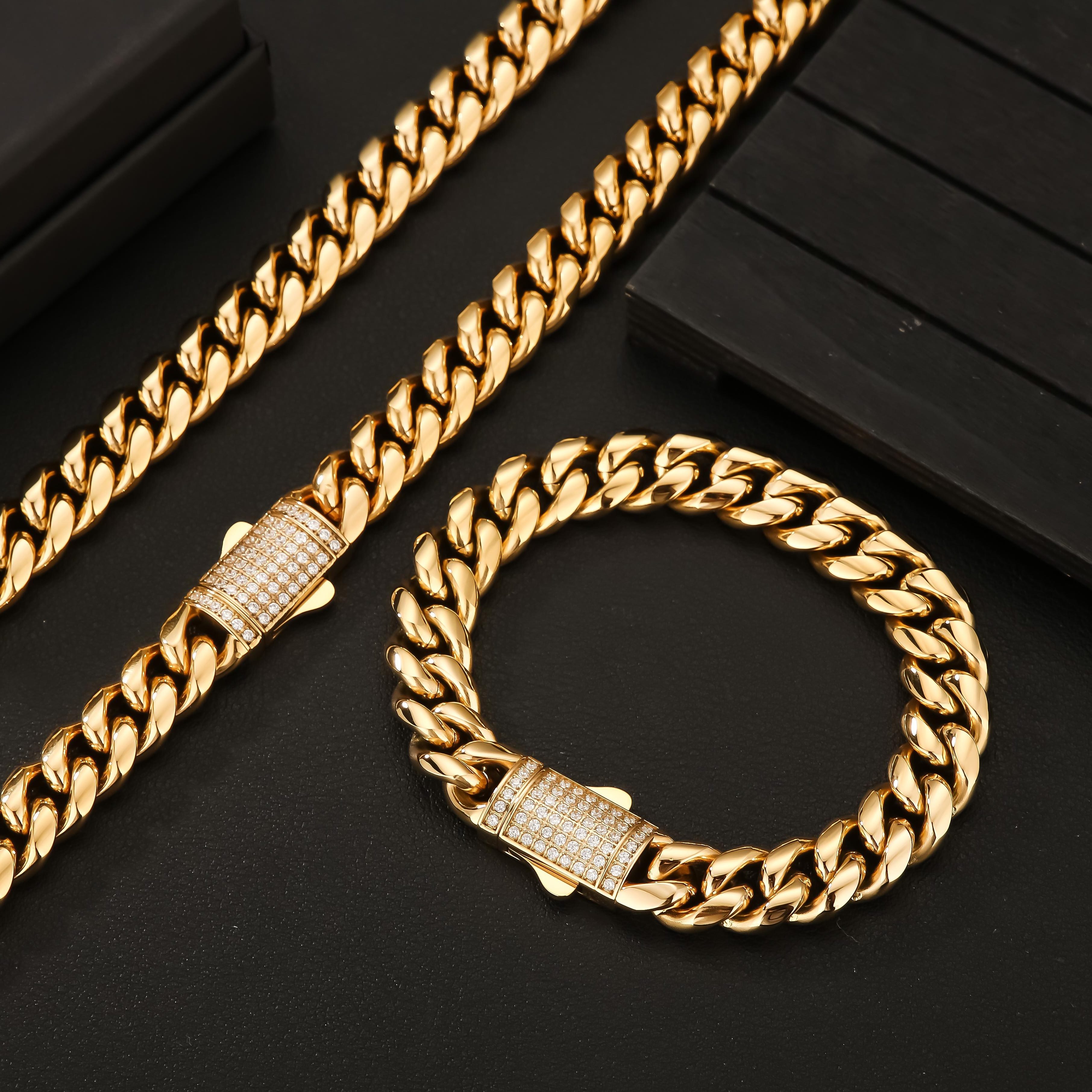 hip hop cuban link chain men necklace jewelry cz diamond bracelet 12mm stainless steel 18k gold plated iced out clasp rope chain