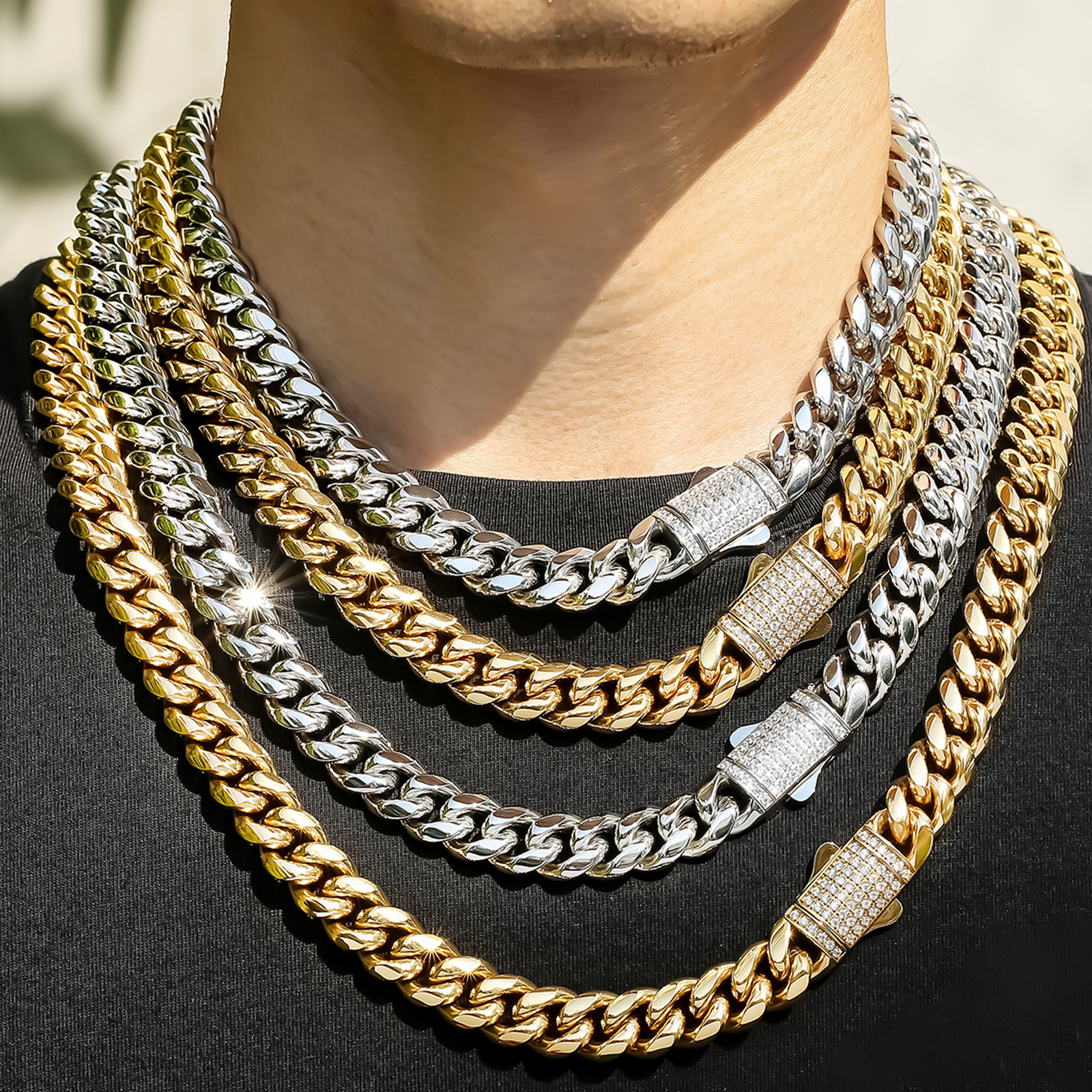 hip hop cuban link chain men necklace jewelry cz diamond bracelet 12mm stainless steel 18k gold plated iced out clasp rope chain