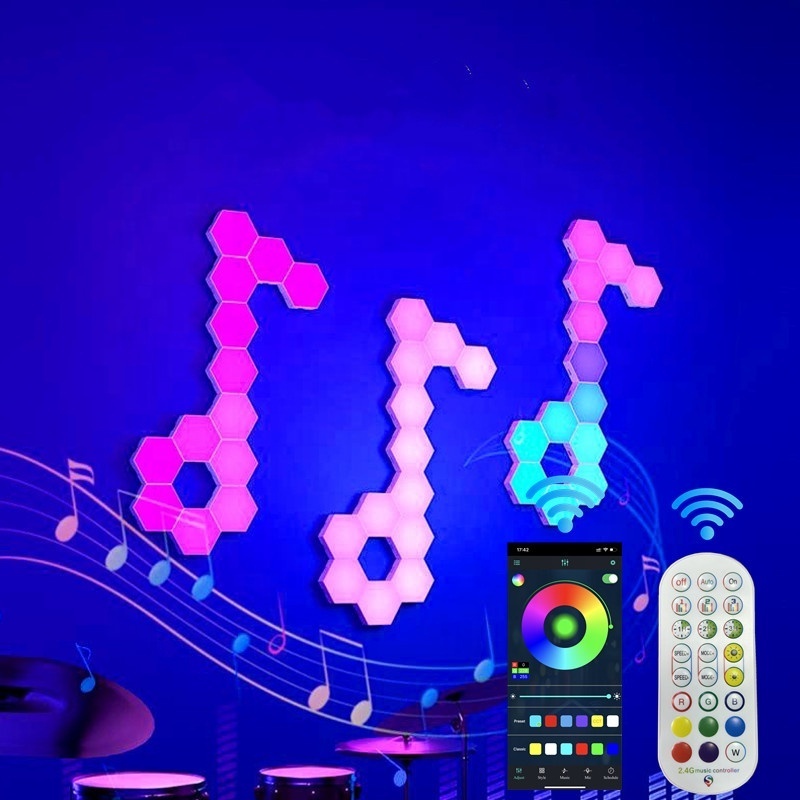 LED Hexagon Wall Panel Light Sync with Music Honeycomb Shape Hexagonal Modular Gaming Light RGB 6 Pack Quantum Lamp