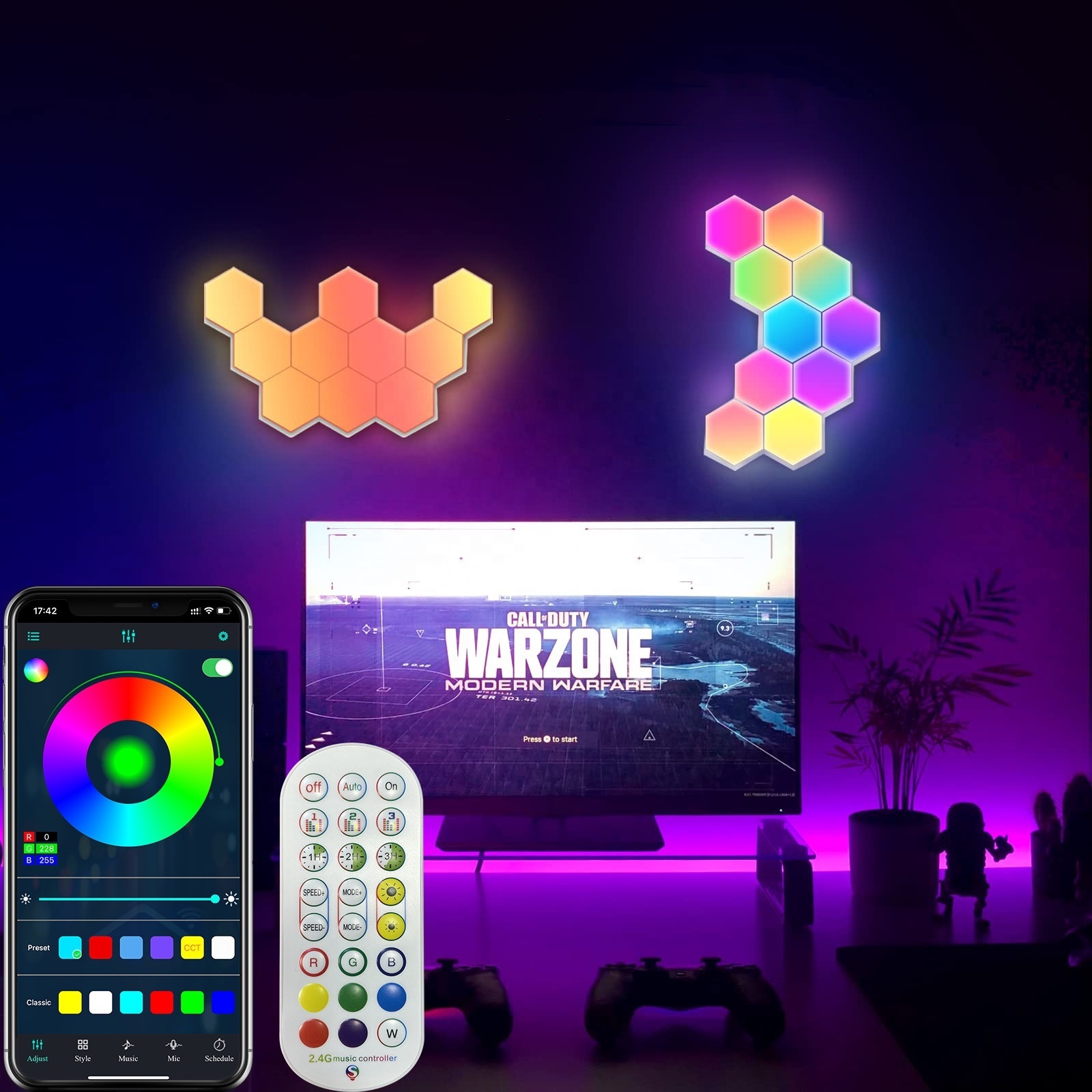 Music Sync  Wall Mounted Honeycomb Quantum Light Smart Remote App Control DIY RGBIC Hexagonal Gaming LED Lights