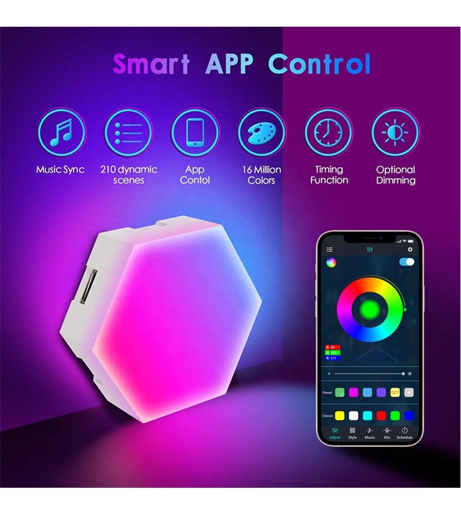 Multi-coloured Hexagon Light Panels Smart App Remote Control LED Wall Lights Music Sync RGB Gaming Lights for Gaming Setup